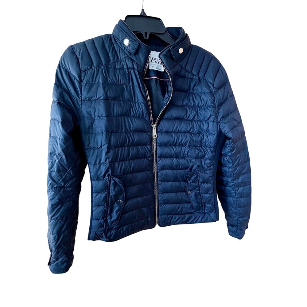 Zara Navy blue quilted zip up puffer jacket sz Large